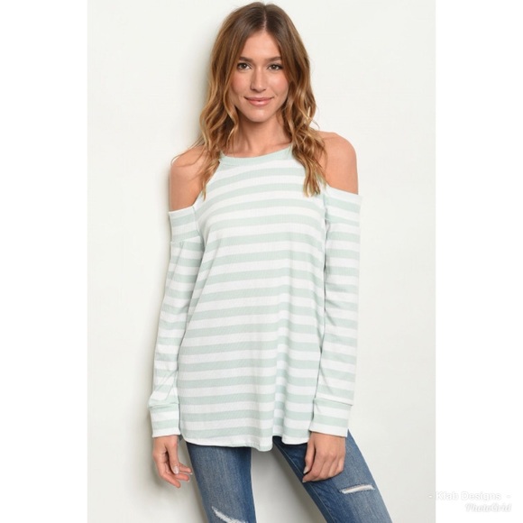 🛍LAST 1! Sage Relaxed Striped Cold Shoulder Top! - Picture 6 of 6